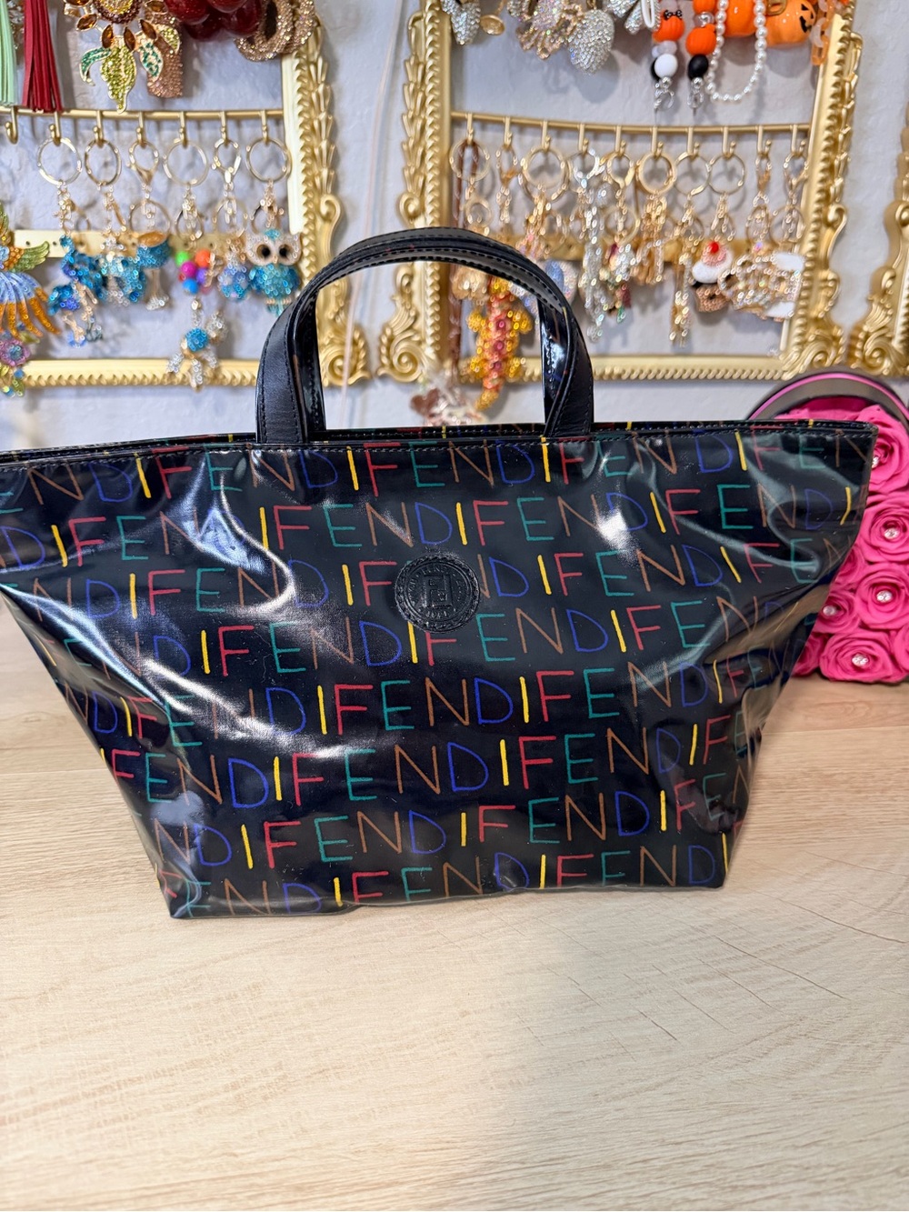 Fendi Black Patent Tote with Multicolor Logo Print